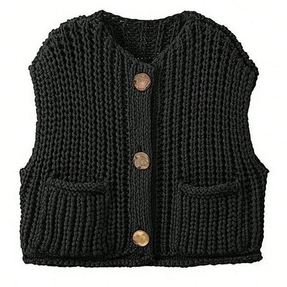 Black Casual Women's Loose Knit Vest With Double Pockets - Picture 3 of 5